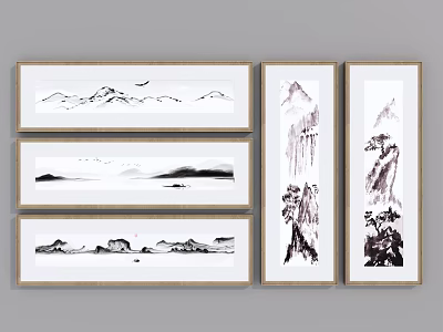 Chinese Ink Landscape Paintings With Mountains Water Birds Boat Waterfall And Pine Trees 3d model