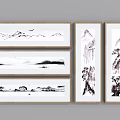 Chinese Ink Landscape Paintings With Mountains Water Birds Boat Waterfall And Pine Trees