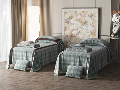 Two Plaid Massage Beds With Pillows In Cozy Room With Decorative Painting And Floor Lamp 3d model