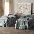 Two Plaid Massage Beds With Pillows In Cozy Room With Decorative Painting And Floor Lamp