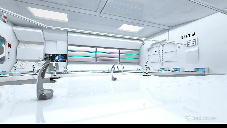 Hi Tech Modern Laboratory Interior With Advanced Equipment Digital Screens And White Ceiling Lights 3d model 