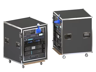 Professional Audio Equipment Black Rack Mount Cases with Wheels and Internal Devices 3d model