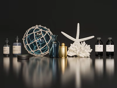 Decorative Bathroom Accessories Featuring Net Ball Starfish Coral And Toiletry Bottles 3d model