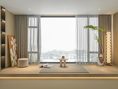 Modern Light Gray Curtains in Living Room with Large Window City View Plants and Decor 3d model