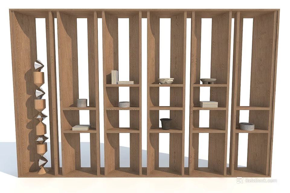 Modern Wooden Bookcase With Multiple Shelves Holding Books And Decorative Items 3d model 