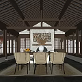 Traditional Chinese Interior With Wooden Roof Large Windows And Rattan Chairs