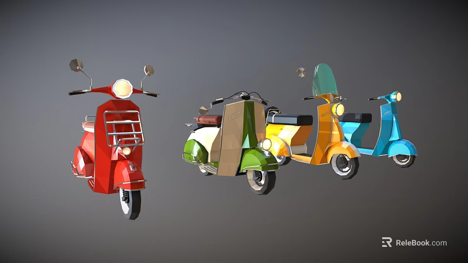 Vintage Scooter Motorcycles Showcasing Red Green Yellow And Blue Colors 3d model 