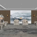 Elegant Hotel Public Lounge Featuring Comfortable Sofas Coffee Tables And Artistic Wall Decor 3d model