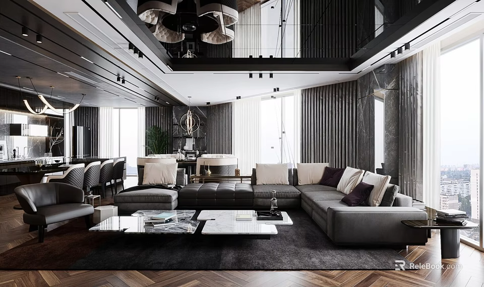 Modern Living Room Interior With Grey Sofa And Coffee Table Set With Cushions And Rug 3d model 