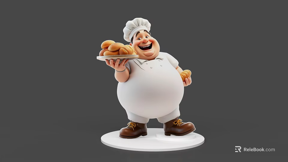 Chubby Smiling Chef Character Holding Bread Plate In White Uniform And Hat 3d model 