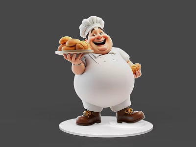 Chubby Smiling Chef Character Holding Bread Plate In White Uniform And Hat 3d model
