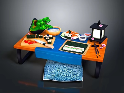 Traditional Japanese Sushi Table Setting with Fresh Ingredients Chopsticks and Lantern 3d model