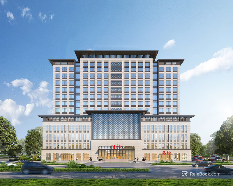 Modern Multi Storey Building With Chinese Style Roof Large Windows And Plaza 3d model 