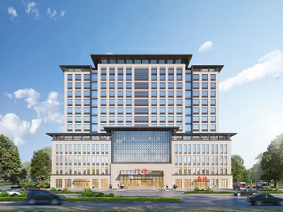 Modern Multi Storey Building With Chinese Style Roof Large Windows And Plaza 3d model
