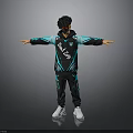 Man With Black Teal BLUEN Hoodie Track Pants White Sneakers Arms Outstretched On Gray Background