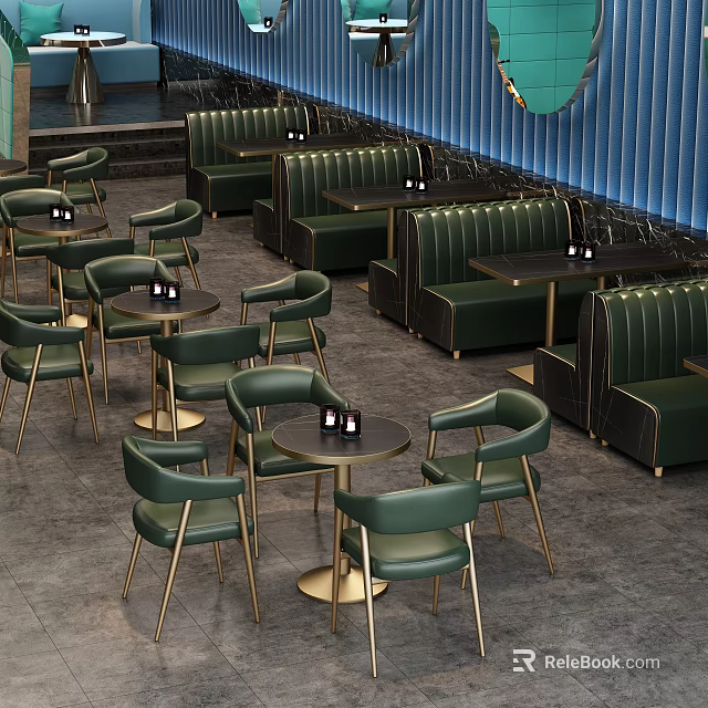 Modern Restaurant Interior With Green Booth Seating Green Chairs And Gold Leg Round Tables 3d model 