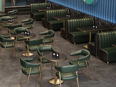 Modern Restaurant Interior With Green Booth Seating Green Chairs And Gold Leg Round Tables 3d model