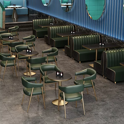 Modern Restaurant Interior With Green Booth Seating Green Chairs And Gold Leg Round Tables 3d model