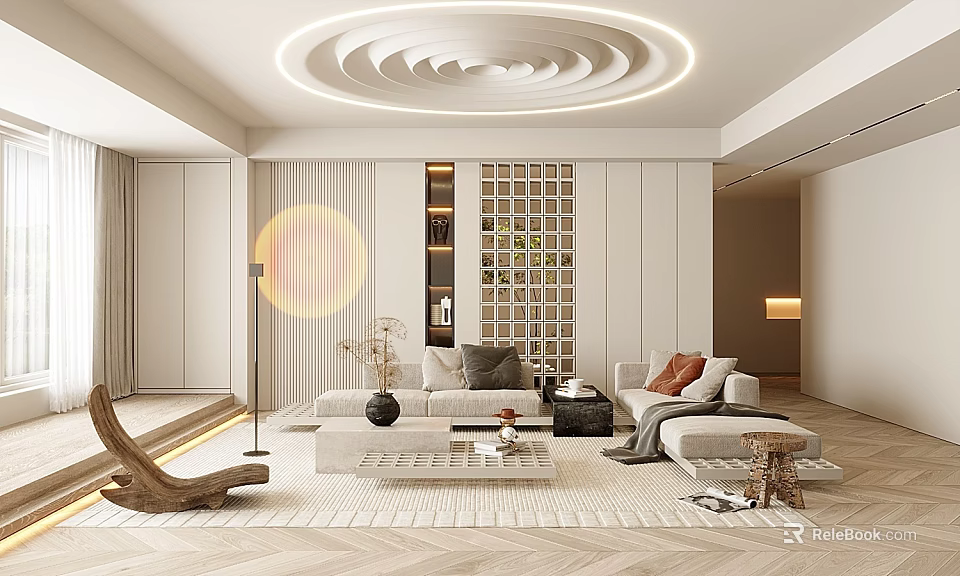 Modern Living Room with Neutral Tones Circular Ceiling Light Sofa Coffee Table and Lattice Partition 3d model 