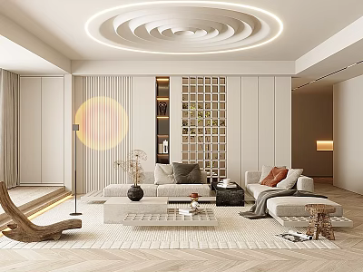 Modern Living Room with Neutral Tones Circular Ceiling Light Sofa Coffee Table and Lattice Partition 3d model