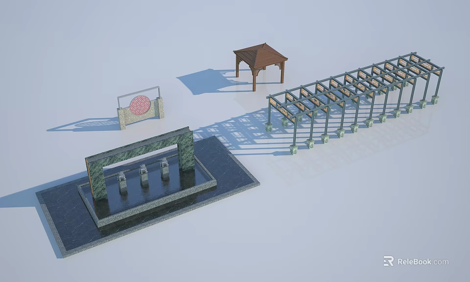 Long Outdoor Garden Pergola With Grid Top Columns And Decorative Pavilion Signage 3d model 