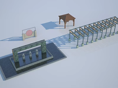 Long Outdoor Garden Pergola With Grid Top Columns And Decorative Pavilion Signage 3d model