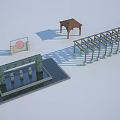 Long Outdoor Garden Pergola With Grid Top Columns And Decorative Pavilion Signage