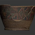 Hand Carved Basket Sculpture With Colorful Patterned Design And Textured Surface