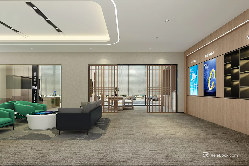 Modern Office Interior Design With Green Chair Black Sofa Large Windows And Wooden Walls 3d model 