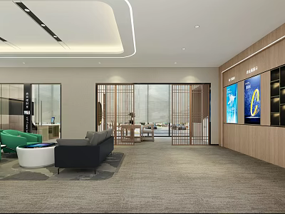 Modern Office Interior Design With Green Chair Black Sofa Large Windows And Wooden Walls 3d model