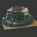 Chocolate Cake With Cherry Topping Sliced Piece Cream Layers On Black Plate Wooden Base