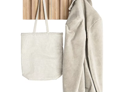 Wooden Hanger with Beige Canvas Tote Bag and Coat Hanging on Wall 3d model