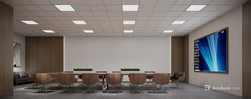 Conference Room Interior Design With Long Table Wooden Chairs Green Plants And Gray Carpet 3d model 