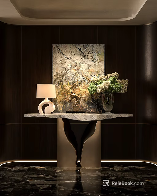 Stylish Console Table With Marble Top Table Lamp Glass Vase Flowers And Abstract Wall Art 3d model 