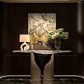 Stylish Console Table With Marble Top Table Lamp Glass Vase Flowers And Abstract Wall Art