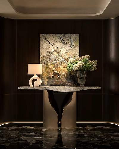 Stylish Console Table With Marble Top Table Lamp Glass Vase Flowers And Abstract Wall Art 3d model