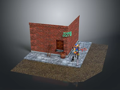 Scene Components of Red Brick Bar Building With Wooden Door Green Sign Barrel Street Lamp 3d model