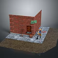 Scene Components of Red Brick Bar Building With Wooden Door Green Sign Barrel Street Lamp
