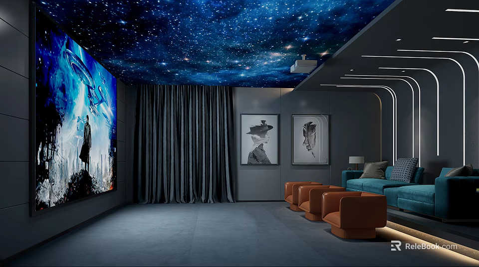 Elegant Home Theater Interior Design With Starry Sky Ceiling Large Screen And Comfortable Seating 3d model