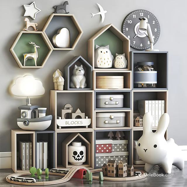 Cozy Decorative Cabinet with Animal Figurines Storage Boxes Books and Cloud Lamp 3d model 