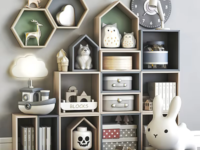 Cozy Decorative Cabinet with Animal Figurines Storage Boxes Books and Cloud Lamp 3d model