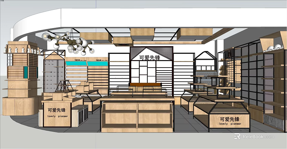 Lovely Pioneer Retail Store Interior With Wooden Display Shelves And Counters 3d model 