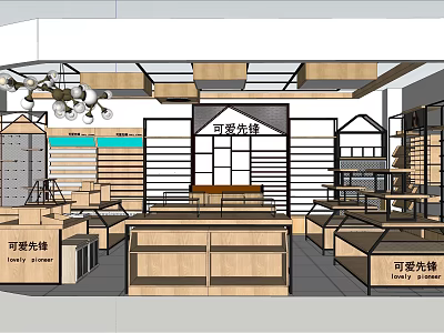 Lovely Pioneer Retail Store Interior With Wooden Display Shelves And Counters 3d model