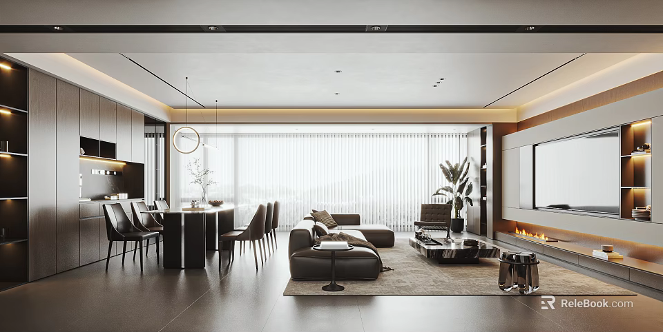 Modern Living And Dining Room Interior With Sofa Dining Table Plants And Window 3d model 