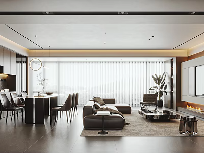 Modern Living And Dining Room Interior With Sofa Dining Table Plants And Window 3d model