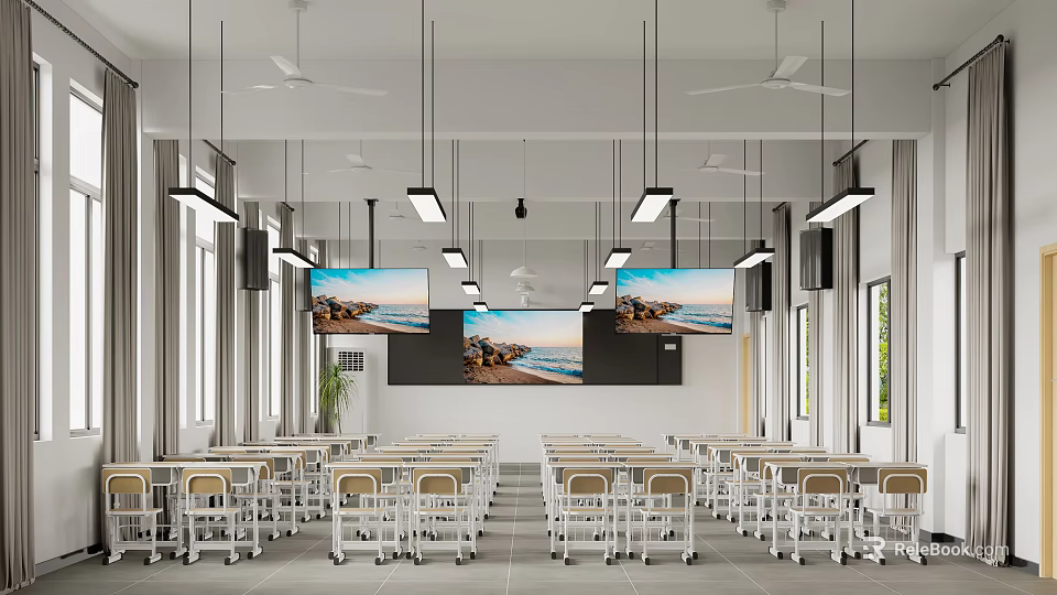 Modern School Classroom With Desks Chairs And Displays 3d model 