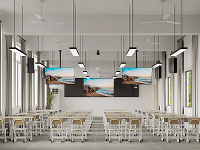 Modern School Classroom With Desks Chairs And Displays 3d model