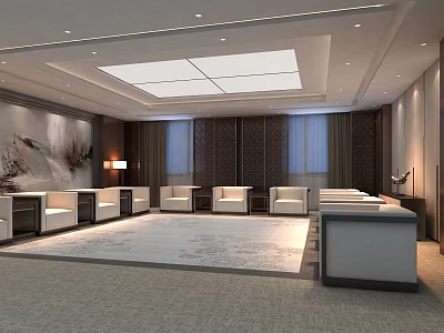 Modern Conference Room Interior With Chinese Style Painting Sofa Carpet And Curtains 3d model