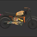 Colorful 3D Rendered Motorcycle With Black Seat Blue Headlight Unique Spoke Wheels And Decorative Engine Graphics
