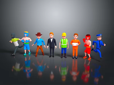 Diverse Cartoon Characters With Various Professions And Colorful Costumes Standing Together 3d model